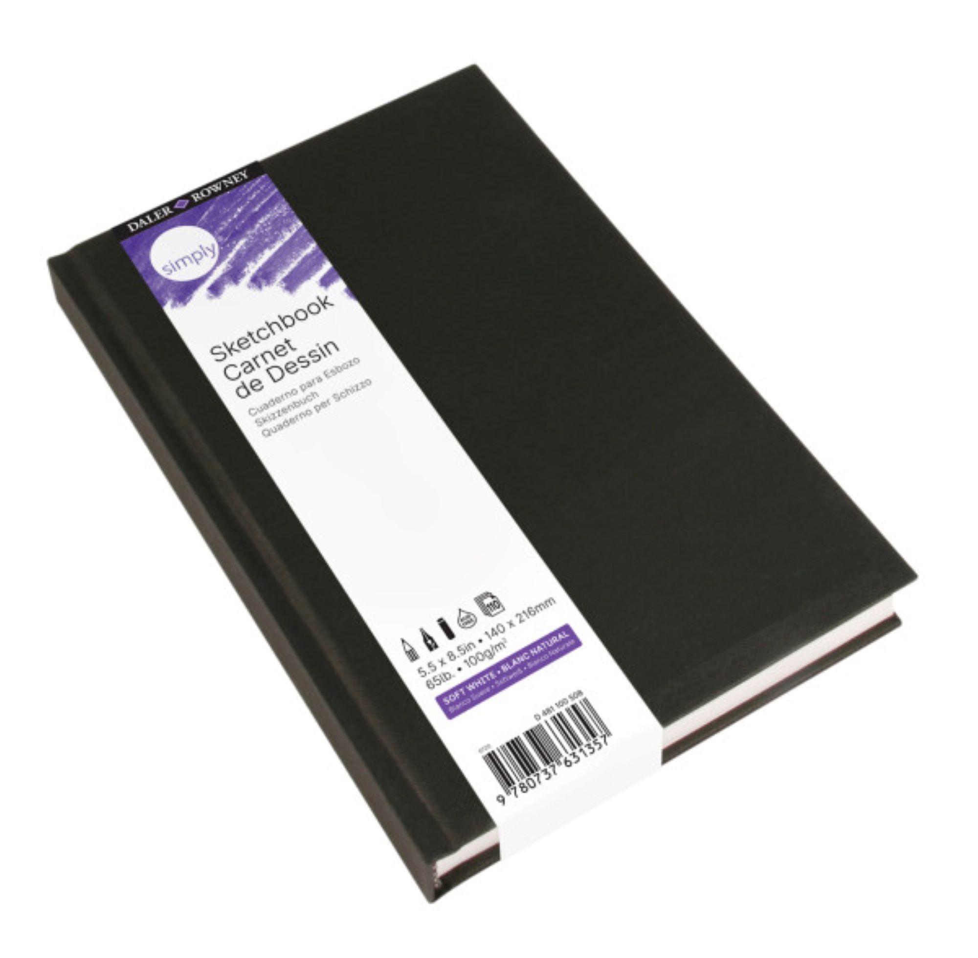 Daler-Rowney Simply... Sketchbook, Soft White Pages, (65lb/100g), Black Hardcover Binding, 110 Sheet, 5.5" x 8.5"