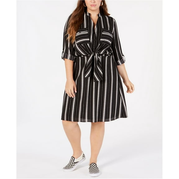 Monteau Womens Striped Pocket A-line Dress, Black, Plus Size, 1X
