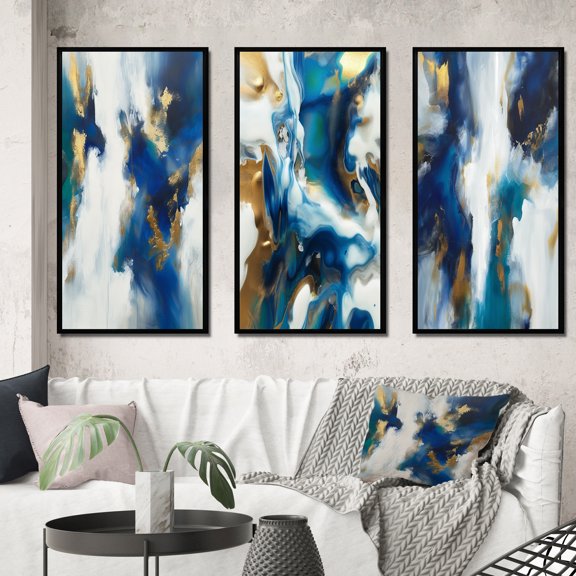 Designart "Abstract Transcendence Blue and Gold IV" Abstract Painting Framed Wall Art Set Of 3 - Gold Modern Frame Gallery Set For Office Decor