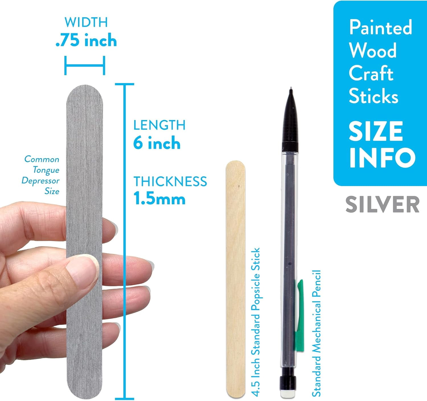 CraftySticks- 300 Pack 6 Inch Silver Painted Wood Craft Sticks, Jumbo Popsicle Sticks for Crafts, Learning and STEM Basics