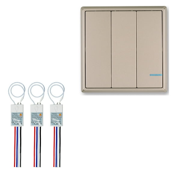 GREENCYCLE 3-Gang Gold Plate Wireless Light Switch with 110V Receiver Kit Outdoor 1600ft Indoors 130ft - Remote Ceiling Lamp LED Bulb - IP54 Waterproof Design (1 Switch, 3 Receiver)