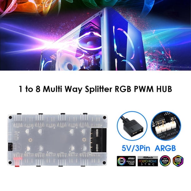 Ventilador ARGB de 5 V/3 pines PWM HUB 1 a 8 divisor para placa base de PC (4D + carcasa)