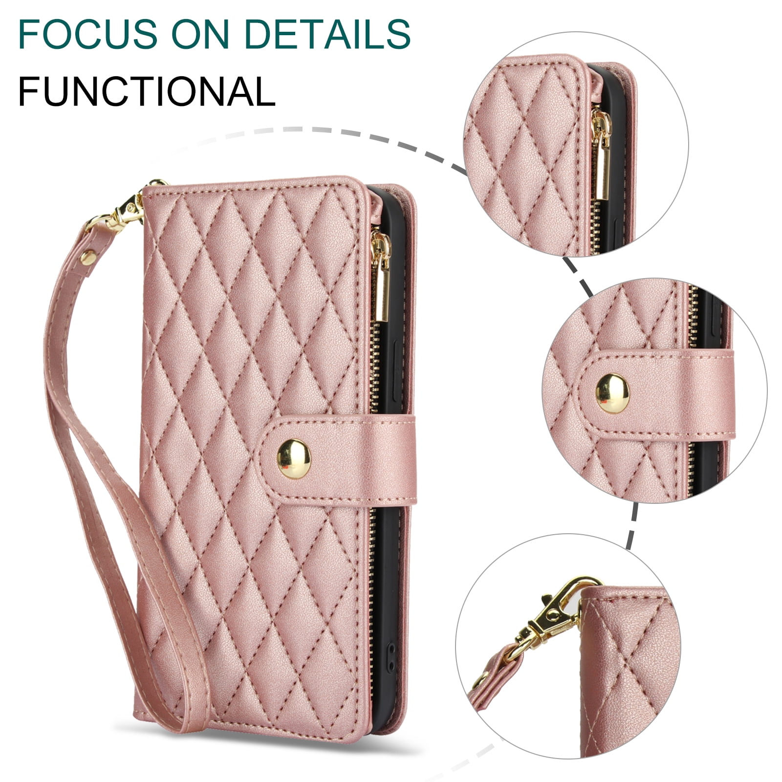 Phone Case for Apple iPhone 13, Premium iPhone 13 Case with Wallet, Card Holder, Coin Zipper Pocket Shockproof Flip Cover Stand with Wrist Strap & Detachable Shoulder Strap,Rosegold