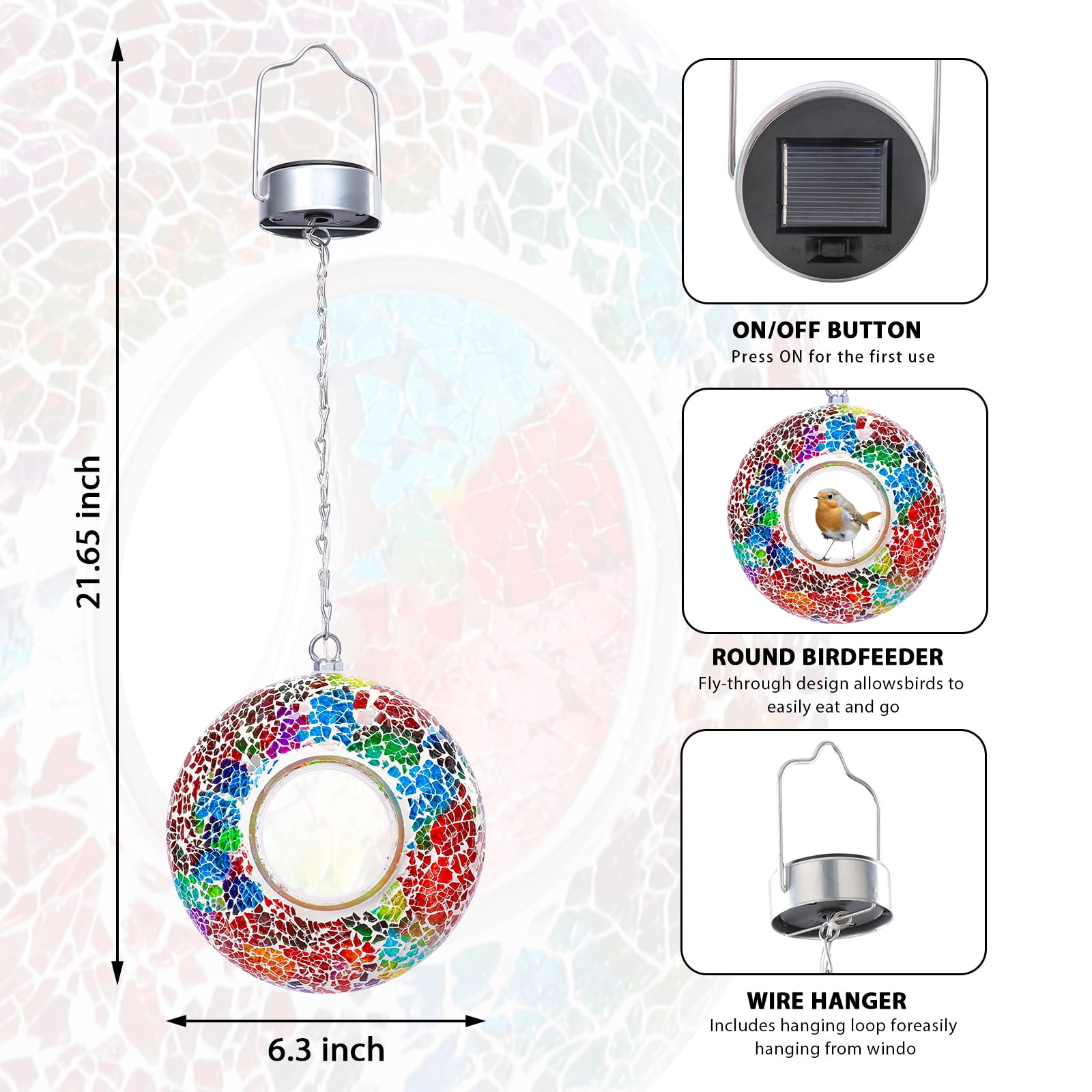 Solar Mosaic Fly Through Bird Feeder Outdoor Garden Light LED Patio Round Glass with Mosaic Design Hanging Fly-Through Bird Feeder - 9" - Red