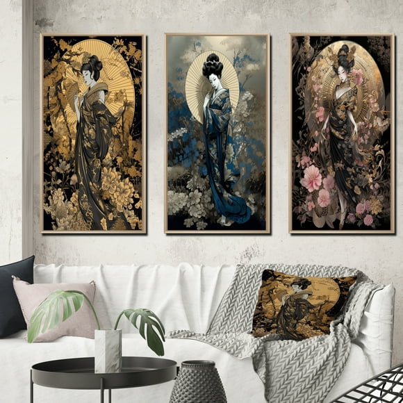 Designart "Graceful Japanese Lady III" Japon Femme Encadrée Wall Art Set de 3 - Or Femme Japon Cadre Galerie Mur pour la Décoration Intérieure