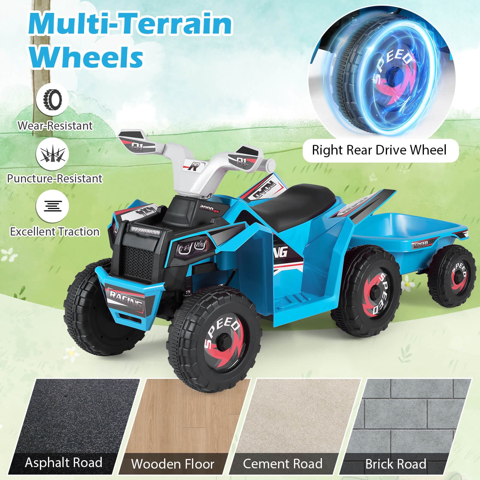 Costway Kids Electric ATV Car, 6V Battery-Powered Ride on Toy wirh Removable Back Trailer Blue