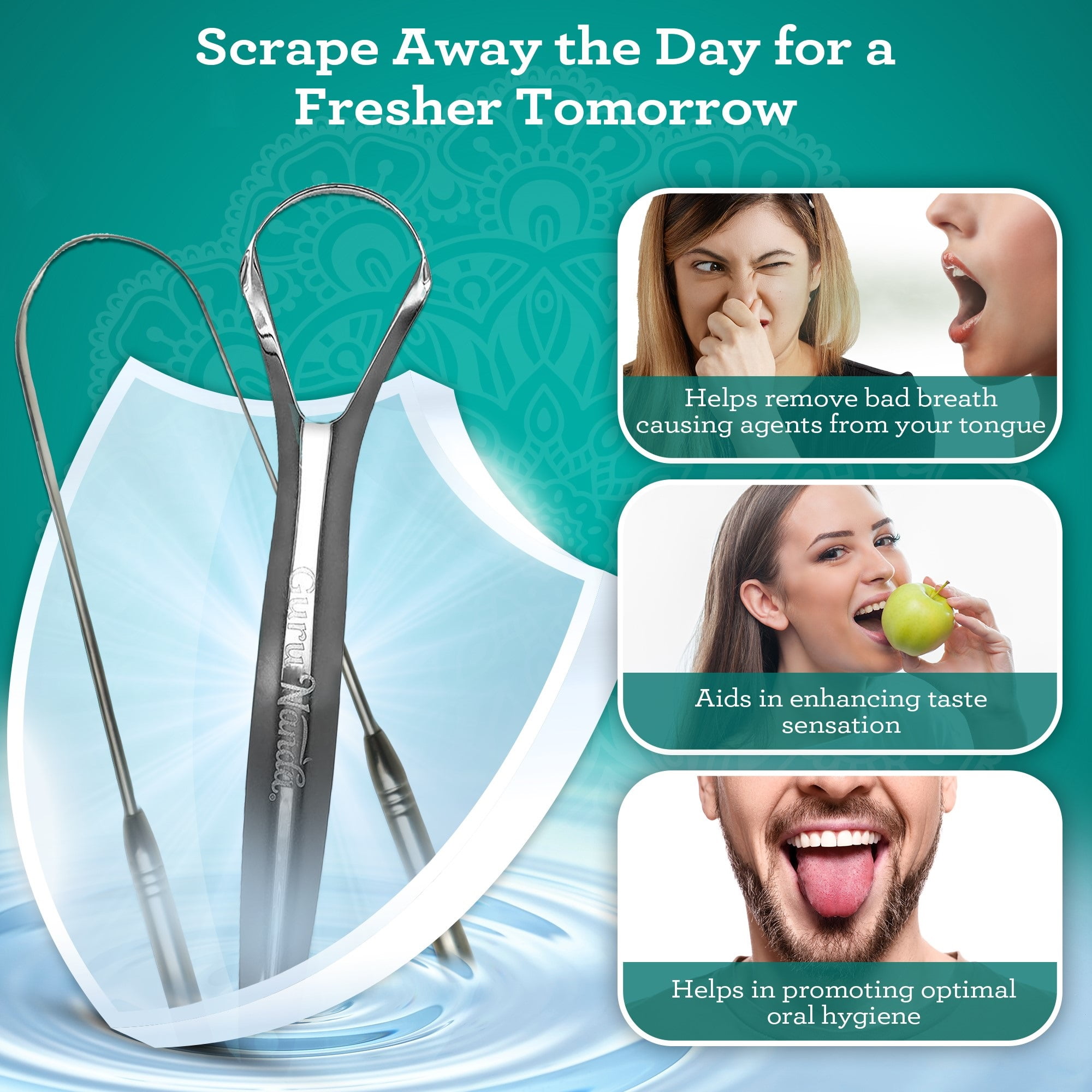 GuruNanda Spoon & U-Shaped Tongue Scraper Variety Pack with Travel Case, Stainless Steel, BPA Free,2 Pack, for All Ages
