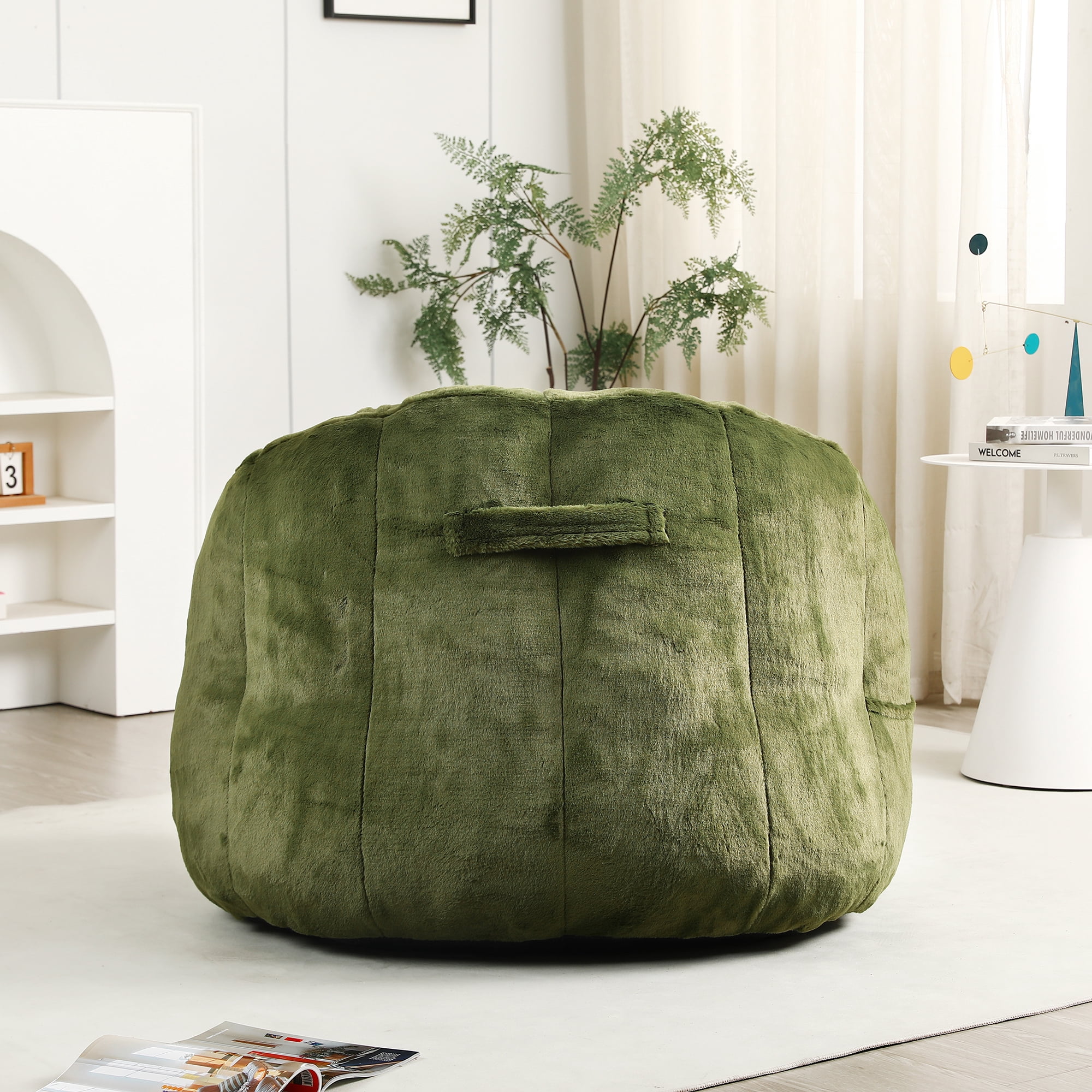 Bean Bag Chair with Armrests, Stuffed High-Density Foam, Lazy Sofa for Adults, Living Room, Bedroom, Reading, Green Faux Fur