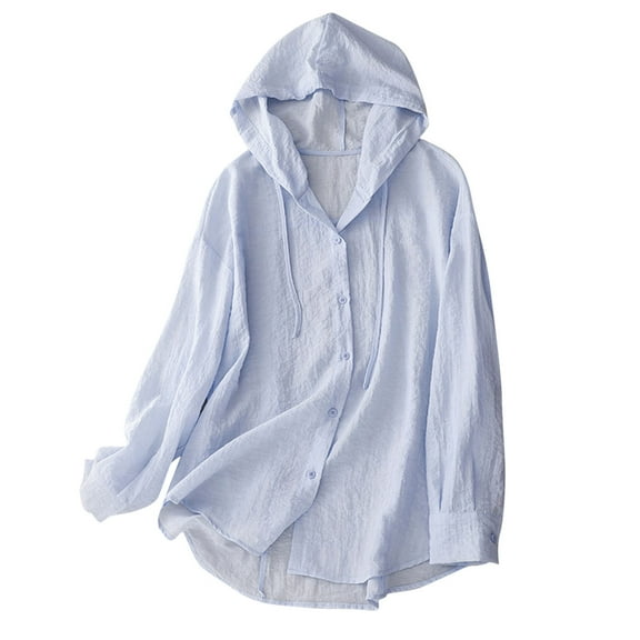 WMTBSRSW Women's Cotton Linen Sun Protection Shirts Lightweight Hoodie Long Sleeve Botton Up Cardigan Solid Loose Casual Beach Tops