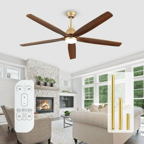 72 inch Large Gold Ceiling Fan, Farmhouse 5 Blades Solid Wood High CFM Quiet Reversible DC Motor Fan for Indoor Outdoor Patios Living Room