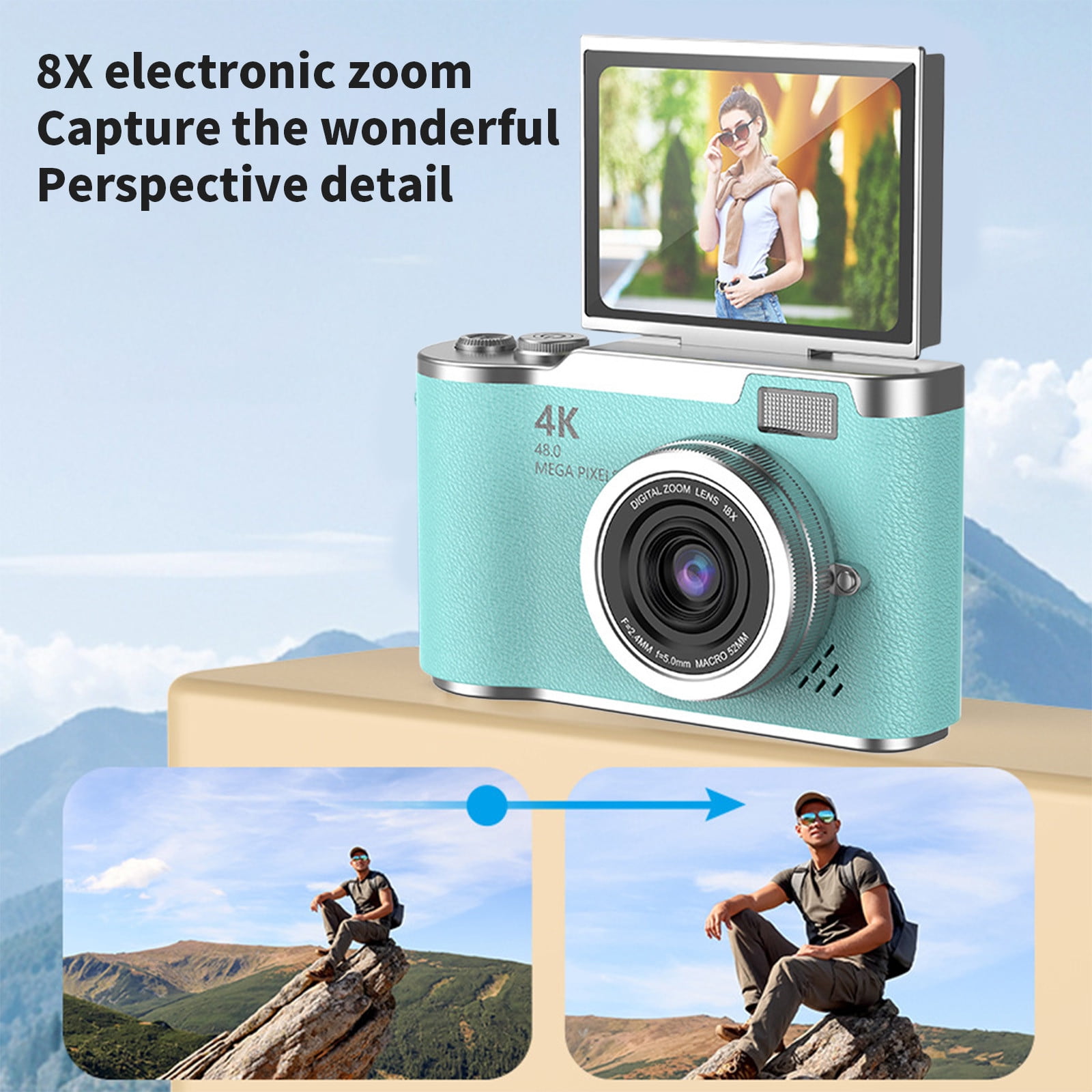 Student Digital Camera 2.4" Flip-Screen 48MP Max Interpolation, 1080P HD Video, 8x Digital Zoom, Night-Vision Flash, 800 mAh Rechargeable, Anti-Shake, Built-In Mic & Speaker, Supports 64 GB Micro SD