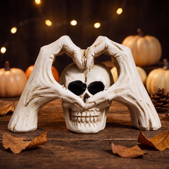 Skeleton Heart Hands Skull Resin Figurine Skeleton Making Heart Gesture Around Skull Statue Spooky Gothic Halloween Tabletop Decoration for Spooky Scene Party Decor