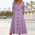 thumbnail image 2 of Gibobby Vestido largo casual de verano para mujer Mujer Suelto Tamaño grande Cómodo Color sólido Manga larga Cuello en V Botón Vestido informal(Morado,XL), 2 of 5