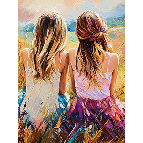 Two Girls Friendship Landscape Canvas Painting，Perfect for Living Room，Bedroom，Office，Dining Room，and Hallway Decoration.