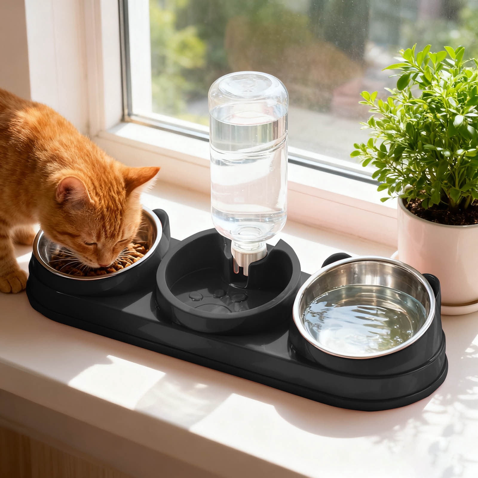15Â° Raised Triple Cat Bowls Set Stainless Steel Pet Feeder with 16.9oz/500ml Automatic Water Dispenser Non- Food Water Bowl for Small Dog Rabbit Indoor Pet Black