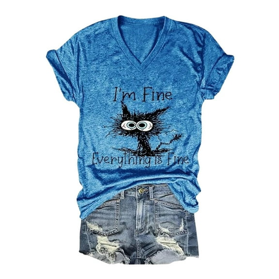 Summer Tops for Women Ladies' Fashion V Neck Retro Cat Letter Printed Short Sleeved Top Oversized Tshirts for Women Blue L