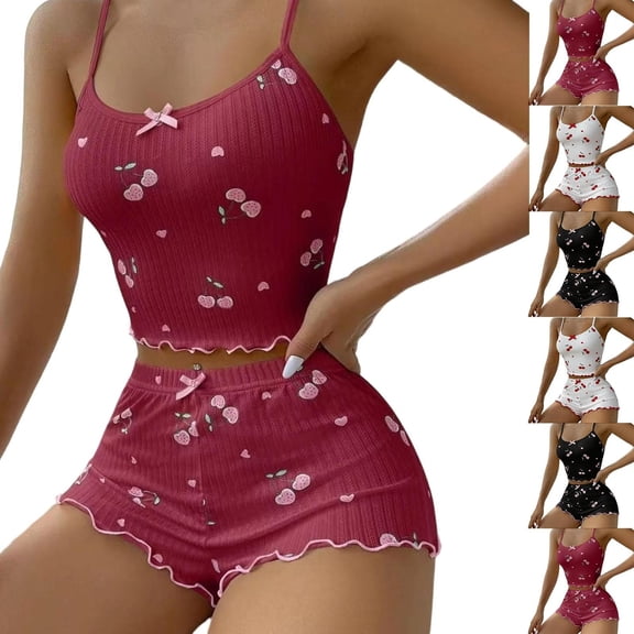 Naotn Women Rib Knit Pajama Sets for Women Graphic Print Cropped Camisole and Ruffle Hem Shorts Casual Satin Lounge Set