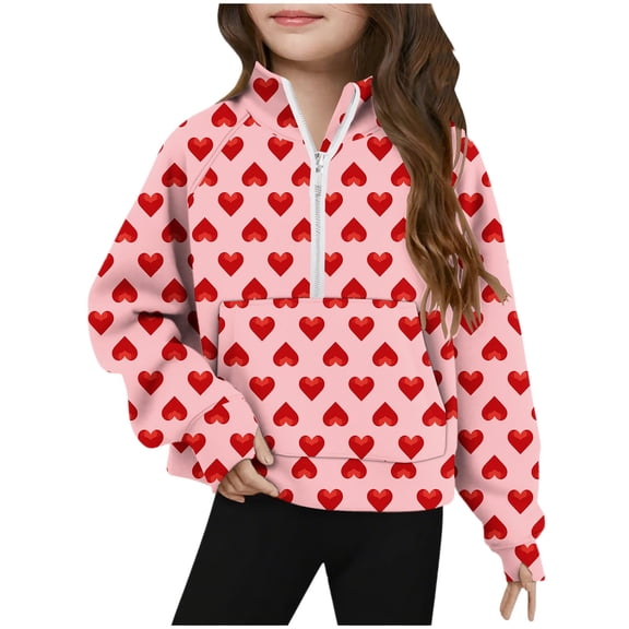 FAWUUDO Girls Valentines Themed Pullover Sweatshirt Half Zip Stand Collar Thumb Hole Cuffs Long Sleeve Big Kids Casual Wear Red 5-6 Years