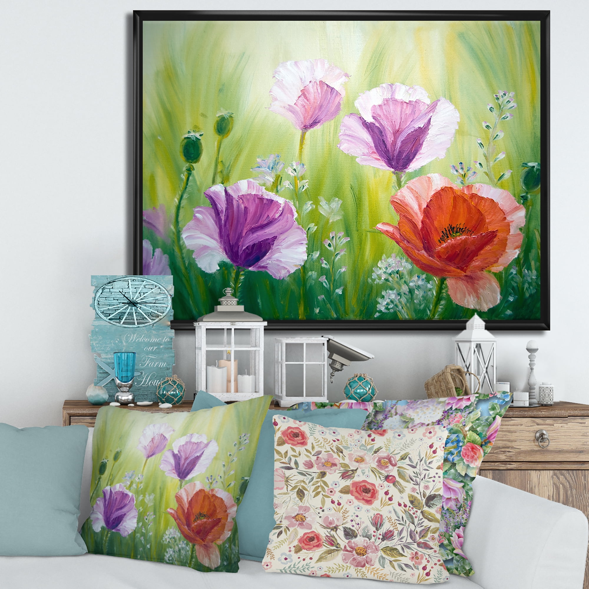 Designart 'Blossoming Red and Purple Poppies In The Morning II' Traditional Framed Canvas Wall Art Print