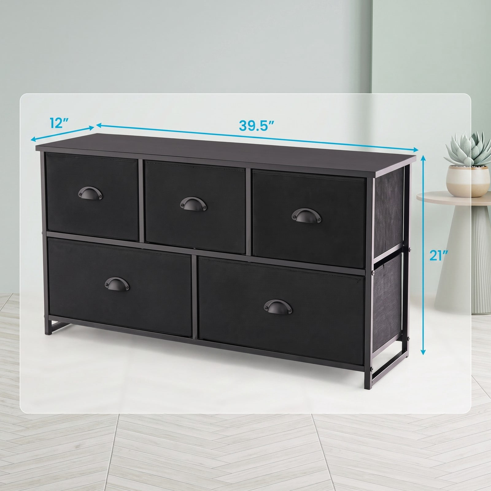 Furnibear 5-Drawer Fabric Storage Tower Dresser with Steel Frame and Foldable Cloth Bins for Bedroom Closet and Nursery, Black