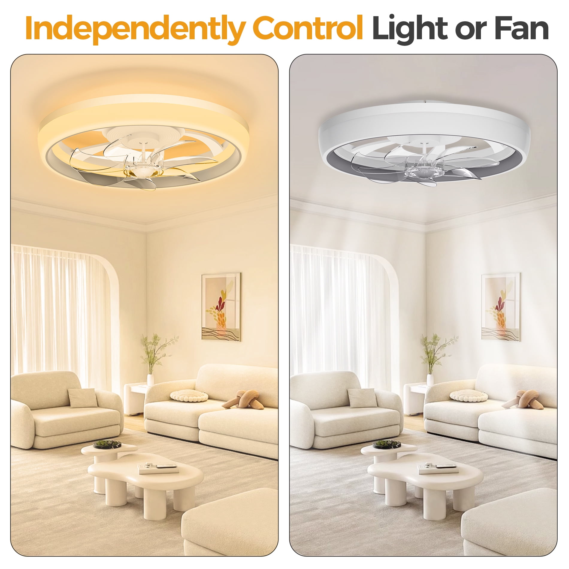 Ceiling Fan with Light, Remote & APP Control, 19" Low Profile Ceiling Fan with 3 Colors Lighting and 6 Wind Speeds, Invisible Bladeless Ceiling Fan