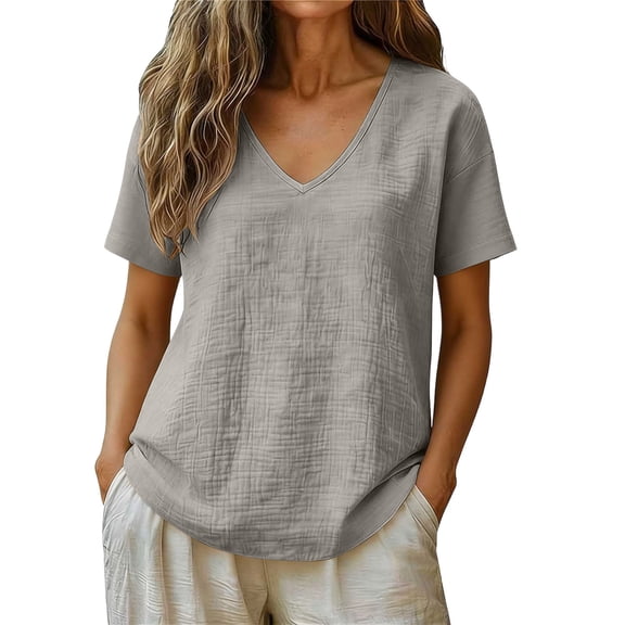 GUACER V Neck T Shirts for Women Casual Short Sleeve Tops Textured Cotton Linen Loose Basic Summer Tees Flowy Blouses