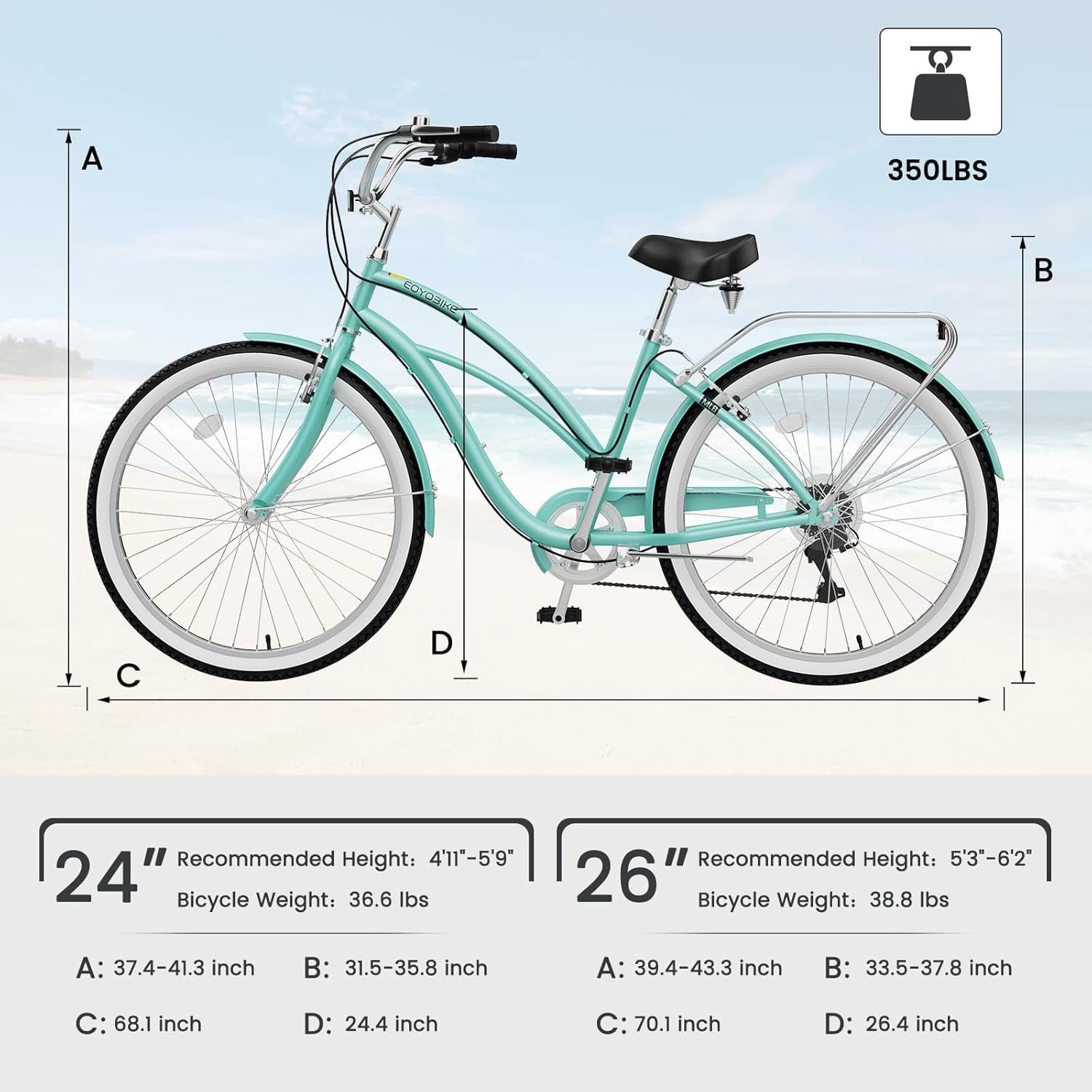 ABORON 26" Beach Cruiser Bike Women, Lightweight Adult Cruiser Bike with Rack, 7-Speed Cruiser Bicycle for Commuting, Carbon Steel Frame Commuter Bicycle