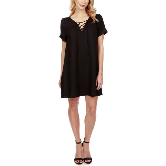 Lucky Brand Womens Lace-Up Short Sleeves Mini Dress Black M