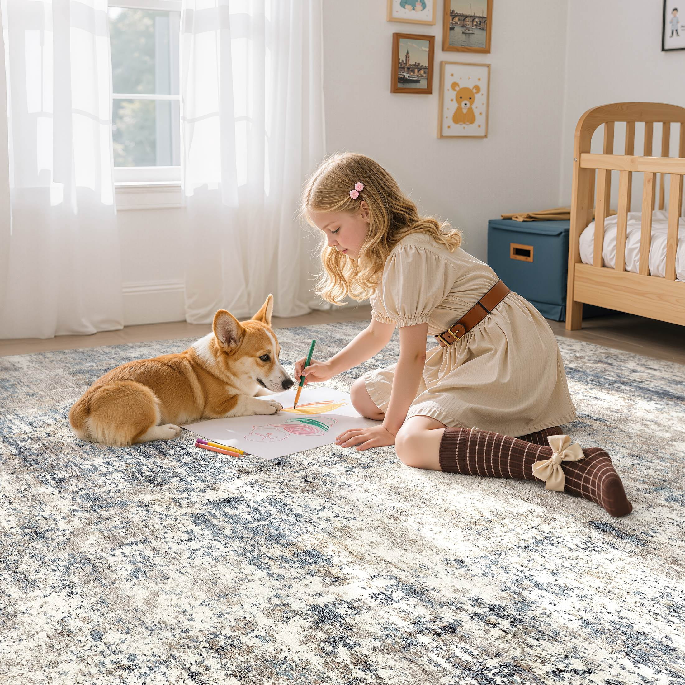 MICGEEK 10x14 Washable Area Rugs for Living Room, Modern Abstract Printed Rug, Vacuum-Friendly, Non Slip Indoor Rug for Bedroom Dining Room Home Decor Carpet, Blue/Brown