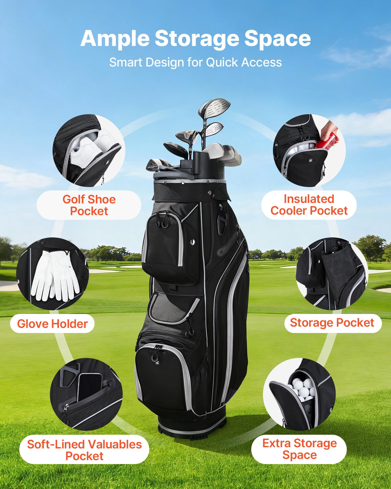 VEVOR Golf Cart Bag, 14 Way Top Divider Organizer, Golf Club Bag with Full-length Divider, Storage Pockets, Shoulder Strap, Rain Hood, Smooth Zippers, High-Strength 900D Polyester for Men & Women