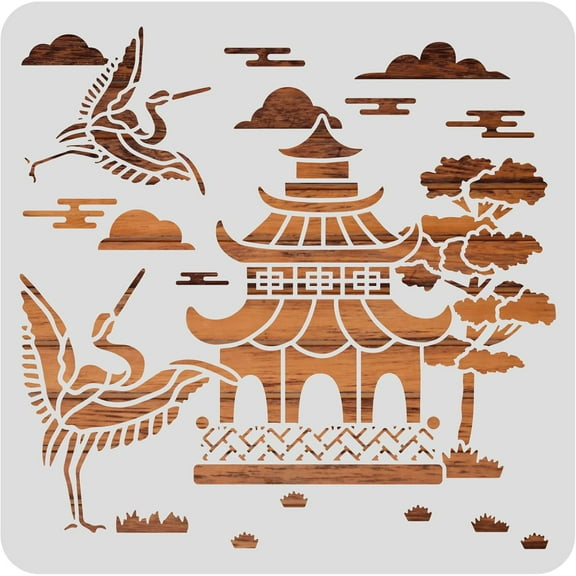 1 pc 30x30cm Oriental Theme Plastic Painting Templates Pagoda Crane Pattern Drawing Stencils for Scrapbook Decoration DIY Crafts