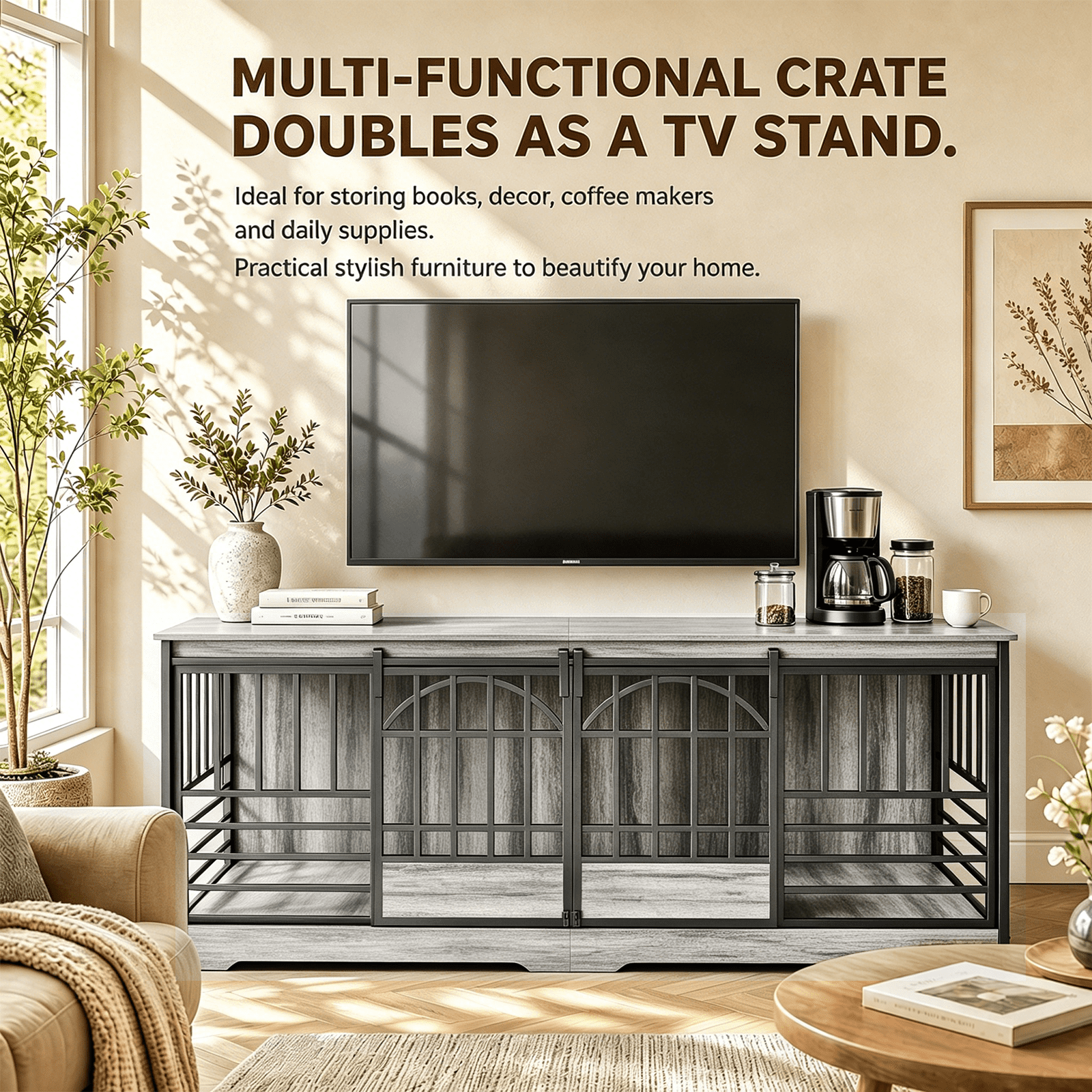 Fowroa 78 inch Extra Large Double Dog Crate Furniture, Heavy Duty Indoor XXL Dog Kennel with Removable Divider, Gray