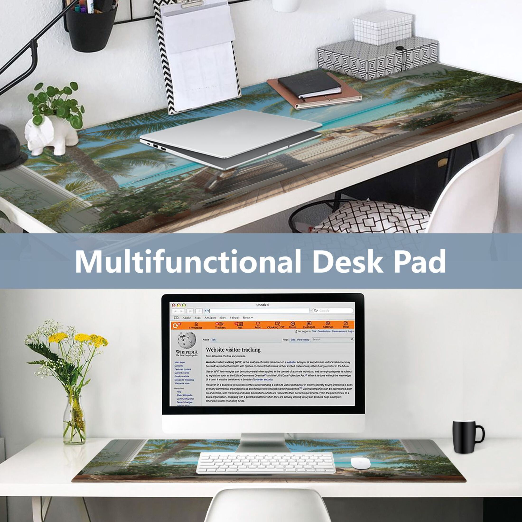Leather Desk Pad Protector Mouse Pad Laptop Desk Mat Non-Slip Waterproof for Office and Home Giant Golden Whale Palm Trees and Ocean