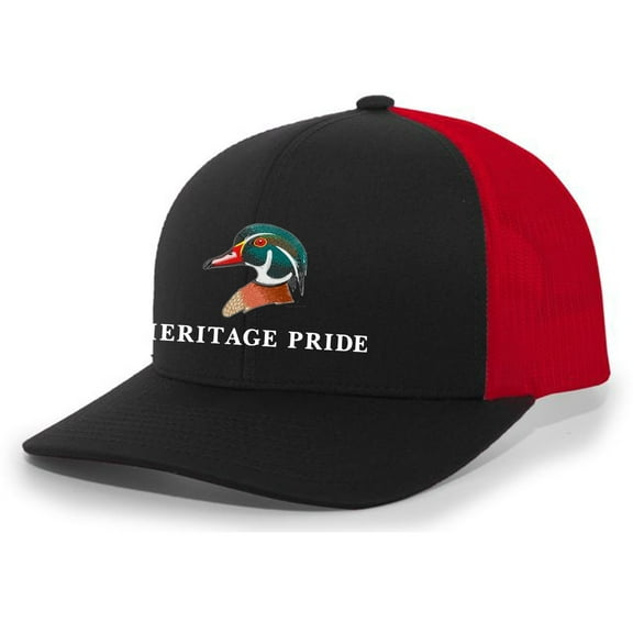 Heritage Pride Colorful Mallard Wood Duck Mens Embroidered Mesh Back Trucker Hat Baseball Cap, Black/Red