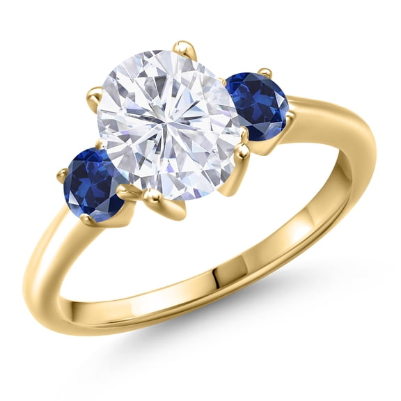 Gem Stone King 10K Yellow Gold White Moissanite and Blue Created Sapphire Engagement Ring for Women | 2.60 Cttw | Oval 9X7MM | Gemstone Birthstone | Size 6