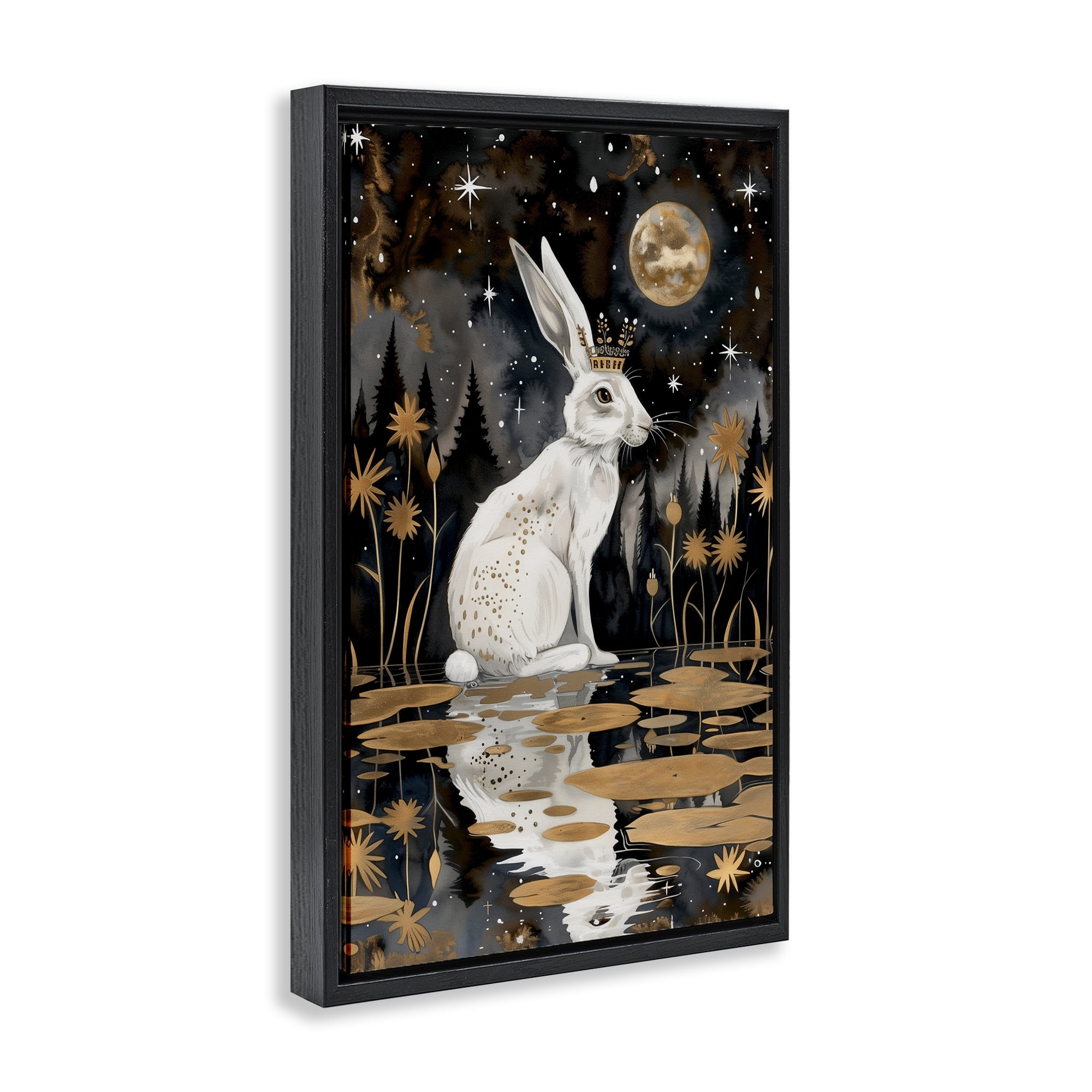 Stupell Industries Regal Rabbit Moonlight Animals & Insects Painting Black Floater Framed Art Print Wall Art, 17 x 25
