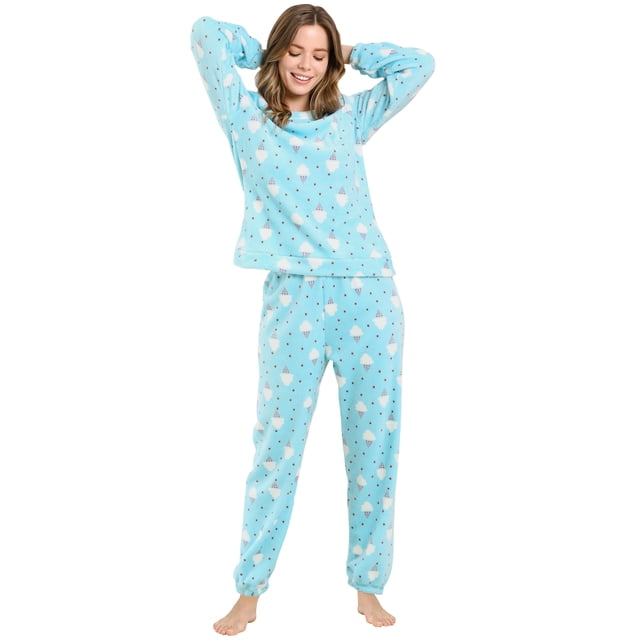 Pijama de Franela Lindo Impreso Allegra K Manga Larga Top y Pantalones Suave Invierno Azul M