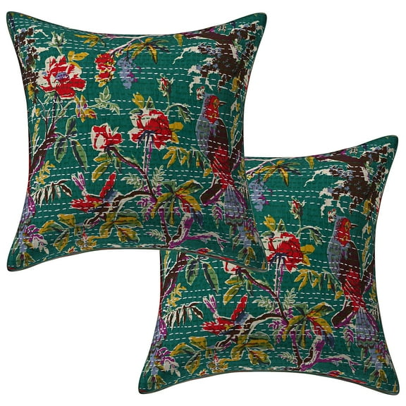 Stylo Culture Ethnic Decorative Throw Pillow Covers 16x16 Kantha Emerald Green Printed 40x40 cm Living Room Toss Pillow Case Cotton Bird Square Cushion Covers | Set Of 2