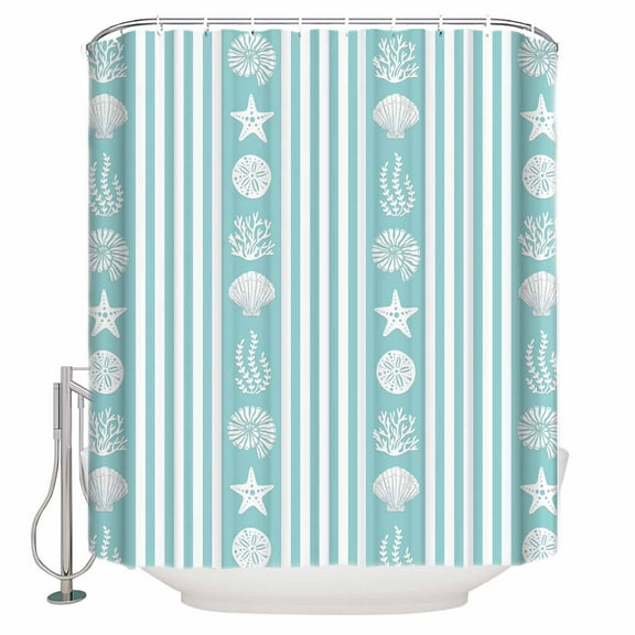 Fabric Shower Curtain, Summer Starfish Seashell Coral Turquoise and White Striped Shower Curtains with 12 Hooks Waterproof Machine Washable Bath Curtains for Bathroom, 36 x 78in
