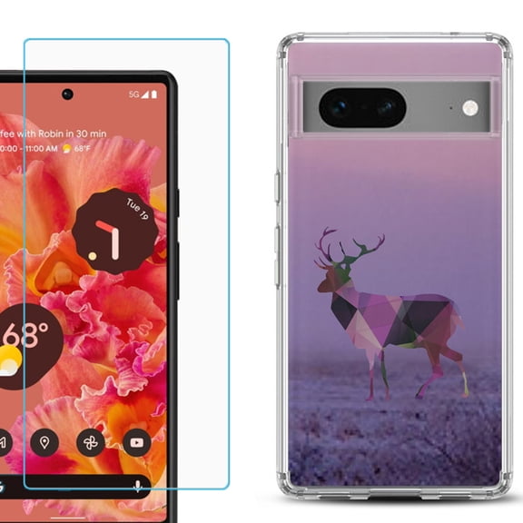 Slim-Fit Gel TPU Phone Case for Google Pixel 7, with Tempered Glass Screen Protector, by OneToughShield ® - Deer/Polygon