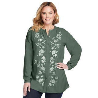 Woman Within Plus Size Embroidered Square Neck Tunic Top – Flutter Sleeves, Relaxed A-Line Fit, 30" Length