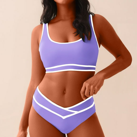 Homenesgenics Swim Suits for Women 2026 Tankini Bikini Women's Cushion Swimsuit Women's High Waisted Set Sports Two-piece Set With High Waistband Lining Chest Purple XL