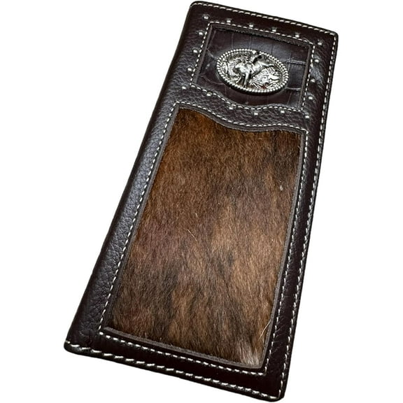 Western Stakes Mens Leather Long Wallet Bull Rider Rodeo Concho Bifold Soft Leather Cow Hair Checkbook Style Cowboy Hand Crafted High End Mens Wallets Leather Gifts For Men (Coffee)