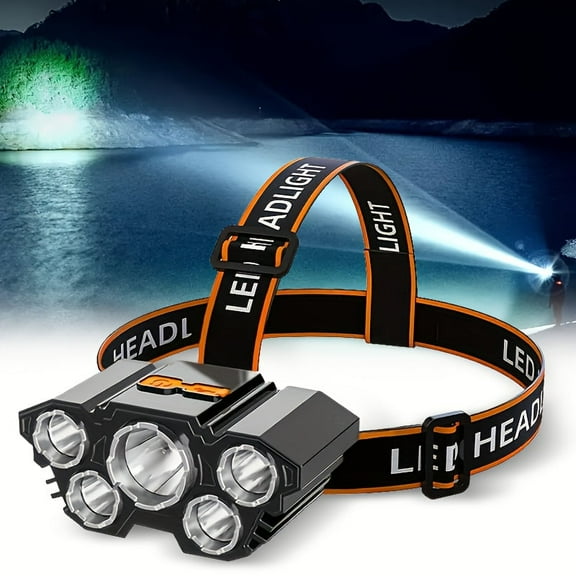 Rechargeable LED Headlamp 5 Ultra Bright LEDs, USB Charging for Hunting, Camping, Running, Fishing Adjustable, Hands-Free Headlight for Outdoors, Emergencies Perfect Gift for Dad, Boyfriend, Men