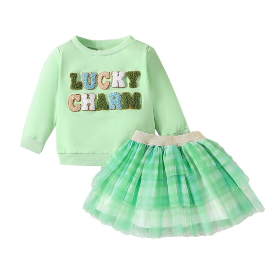 My First St Patrick's Day Baby Girl Outfit Fuzzy Clover Embroidery Short Sleeve T-Shirt and Skirt 2Pcs Lucky One Birthday Outfit Girl for Toddlers 18-24 Months