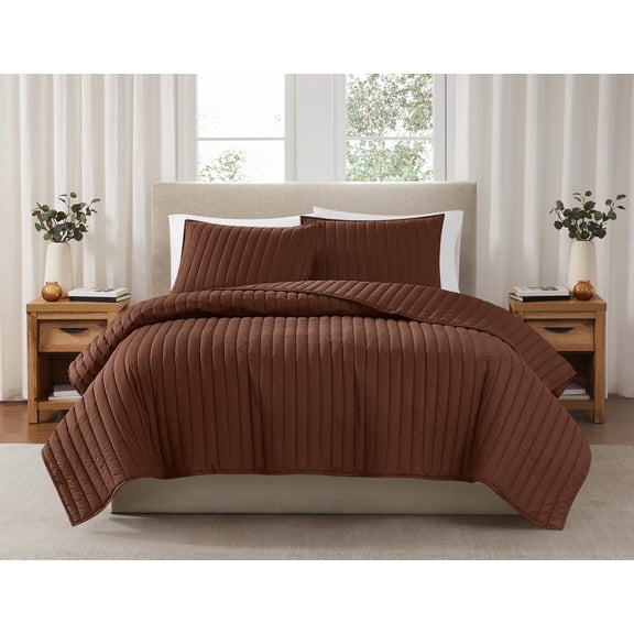 Brooklyn Loom Classic Solid 100% Cotton 200 Thread Count Percale Brown 3-Piece Full/Queen Quilt Set, Solid Casual themed, Adult Bedding, OEKO-TEX Certified