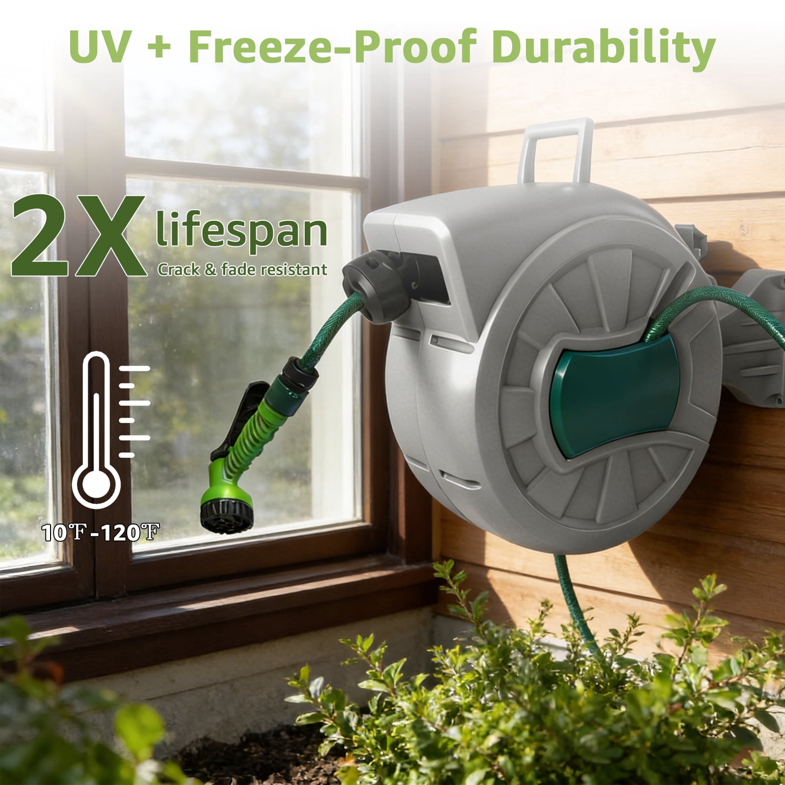 PRIJESS 100 FT Retractable Hose Reel 1/2 in, Wall Mount Garden Water Hose for Car Wash & Pet Bath, Automatic Slow Rewind, Any Length Lock & 180° Swivel, Includes 7-Pattern Nozzle & Hardware