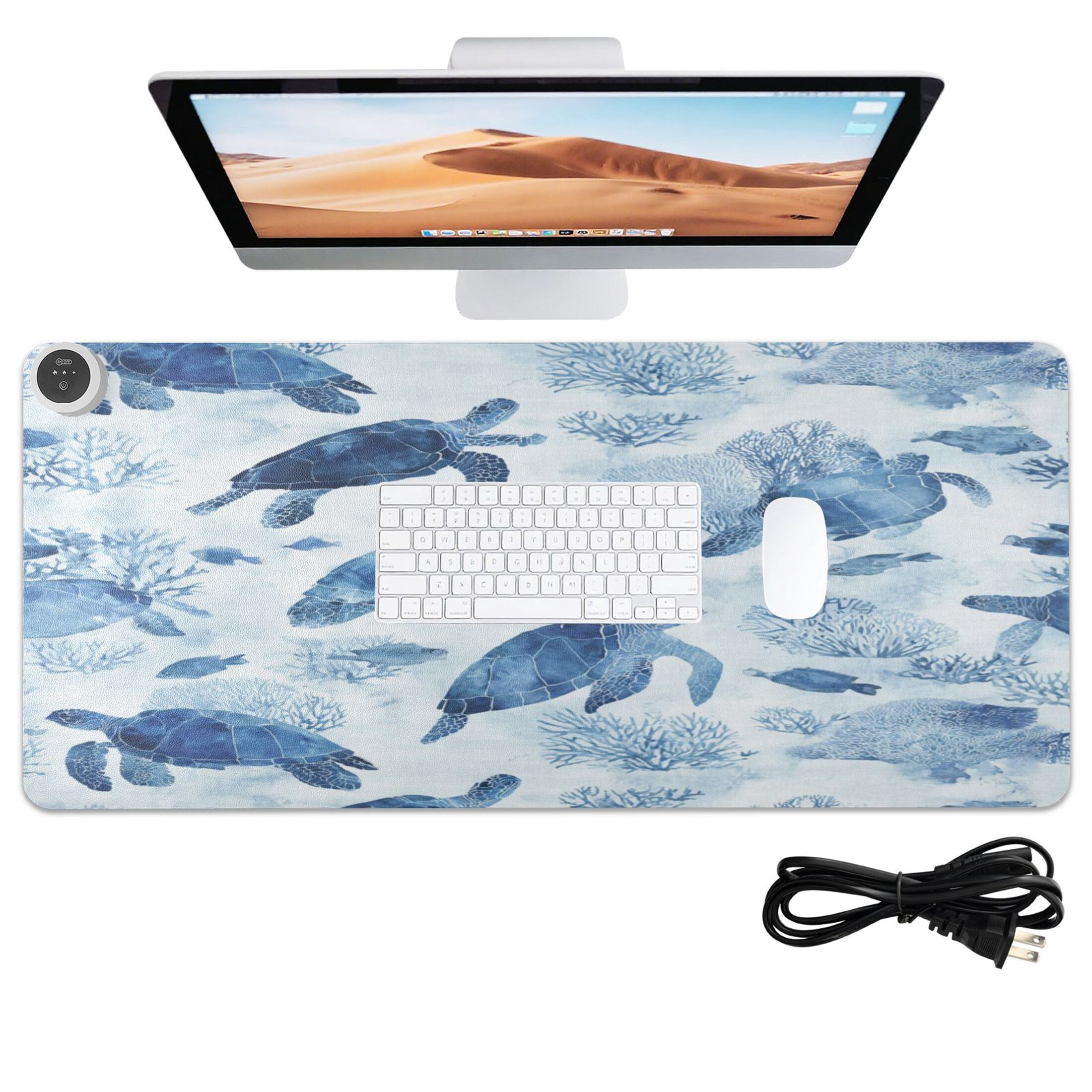 Large Heated Desk Mat Mouse Pad 31.5"x13"PU Leather Graphene Heating Desk Warmer with 3 Temperature Settings 110V US Plug Non-Slip Warm Pad for Home, Office, and Gaming Sea Turtles and Fish Swimming