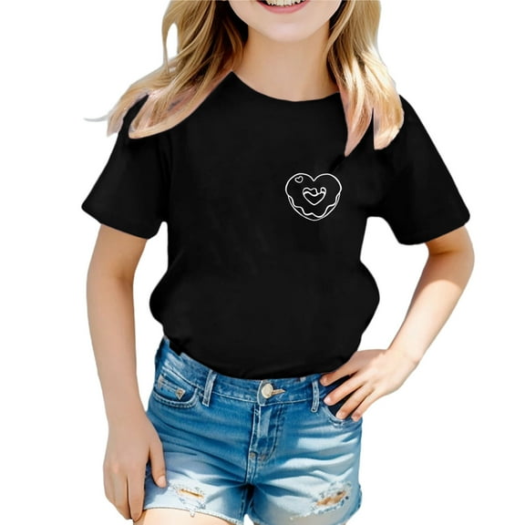 MIXUE Toddler Girls Tops & T-Shirts Summer Doughnut Heart Print Round Neck Short Sleeve Loose Casual T Shirts Activewear,Black,3-4 Years