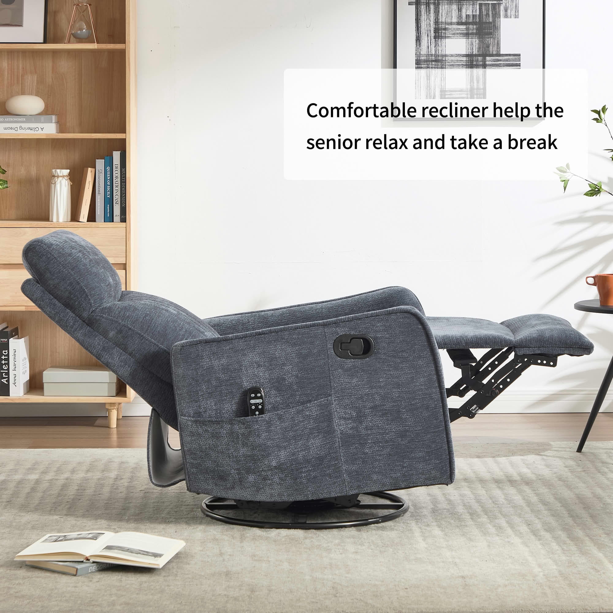 MAYEERTY Blue Chenille Heat Massage Recliner Chair, 360° Swivel Rocker for Living Room, 26x35x39in